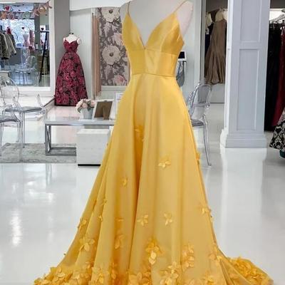 Elegant a line yellow stain prom dress with flowers - Thumbnail 1