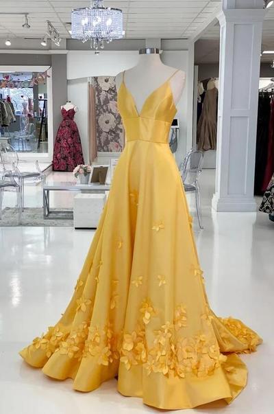 Elegant A Line Yellow Stain Prom Dress With Flowers