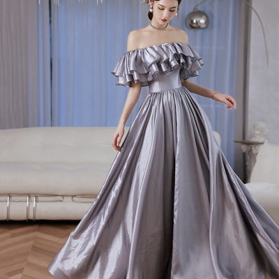 Lovely satin floor length prom dress, off shoulder evening dress with bow - Thumbnail 2
