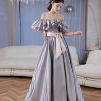 Lovely Satin Floor Length Prom Dress, Off Shoulder Evening Dress with Bow - Thumbnail 1