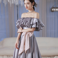 Lovely Satin Floor Length Prom Dress, Off Shoulder Evening Dress with Bow - Thumbnail 2