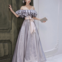 Lovely Satin Floor Length Prom Dress, Off Shoulder Evening Dress with Bow - Thumbnail 3