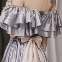 Lovely Satin Floor Length Prom Dress, Off Shoulder Evening Dress with Bow - Thumbnail 5