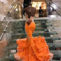 Orange Halter Mermaid Long Prom Dresses Black Girls Lace Applique Backless Floor Length Formal Party Evening Gowns - Thumbnail 1