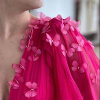 New Bright Pink Chiffon Prom Dresses Long Puff Sleeves V Neck Slit A Line Evening Gowns With 3D Butterfly Flowers - Thumbnail 1