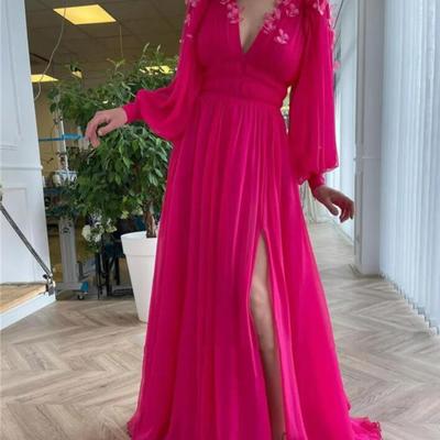 New bright pink chiffon prom dresses long puff sleeves v neck slit a line evening gowns with 3d butterfly flowers