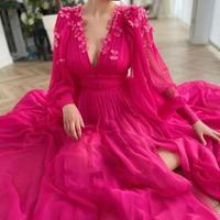 New Bright Pink Chiffon Prom Dresses Long Puff Sleeves V Neck Slit A Line Evening Gowns With 3D Butterfly Flowers - Thumbnail 3