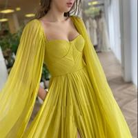 Elegant Citrine Yellow Silk Chiffon Prom Dresses With Long Cape A Line Sweetheart Pleats Side Slit Evening Gowns - Thumbnail 1