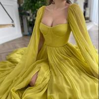 Elegant Citrine Yellow Silk Chiffon Prom Dresses With Long Cape A Line Sweetheart Pleats Side Slit Evening Gowns - Thumbnail 2