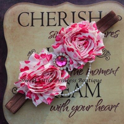 Shabby heart flower headband with pearls