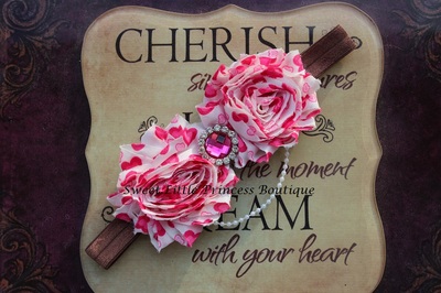 Shabby Heart Flower Headband with Pearls