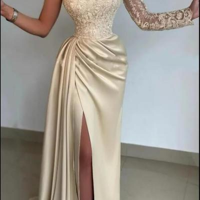 Light champagne prom dresses mermaid one shoulder custom made long sleeves side slit beaded lace evening party gowns