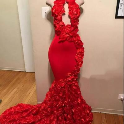 Red mermaid arabic dubai prom dress long high neck cut-out front handmade 3d flowers backless evening formal gown vestidos feast