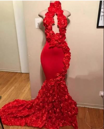 Red Mermaid Arabic Dubai Prom Dress Long High Neck Cut-Out Front Handmade 3D Flowers Backless Evening Formal Gown Vestidos Feast