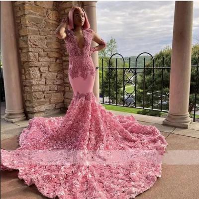 Elegant pink lace appliques mermaid prom dresses 2023 beaded sheer sleeve formal party gowns evening dress vestido de fiesta