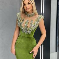 Green Velvet Mermaid Prom Dress Sleeveless Sequined Appliques High Neck Sexy Evening Gowns Custom For Women  - Thumbnail 1