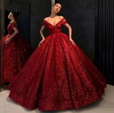 Princess Sparkle Ball Gown Prom Dresses Vestidos De Fiesta Elegant Off The Shoulder Evening Dress Manual Sequins Chest Design Guest Dress Party Gowns