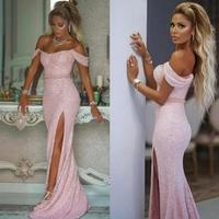 Pink Prom Dresses Mermaid Off the Shoulder Sparkly Sequins Side Slit Custom Made Ruched Evening Party Gowns vestidos Formal Occasion Wear - Thumbnail 1