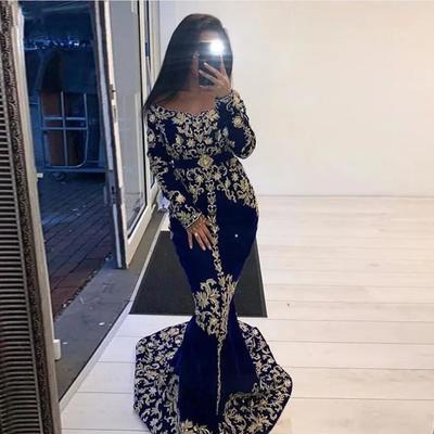 Royal blue moroccan kaftan velvet prom dresses elegant long sleeves mermaid formal evening gowns gold lace appliques arabic dubai 