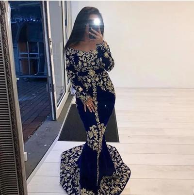 Royal Blue Moroccan Kaftan Velvet Prom Dresses Elegant Long Sleeves Mermaid Formal Evening Gowns Gold Lace Appliques Arabic Dubai 