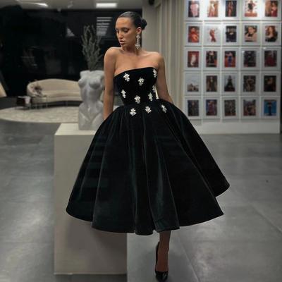 Black velvet midi prom dresses strapless crystals pleated velour formal partytea-length a-line evening gowns