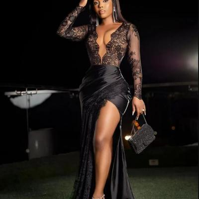 Sexy black plus size mermaid prom dresses long for women black girls african deep v neck lace applique side split formal evening party wear gowns