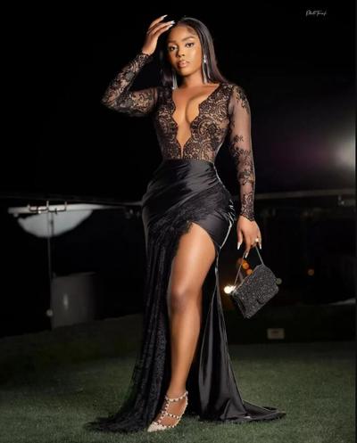 Sexy Black Plus Size Mermaid Prom Dresses Long for Women Black Girls African Deep V Neck Lace Applique Side Split Formal Evening Party Wear Gowns