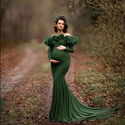 Prom dresses mermaid dark green maternity dress robes for photo shoot or baby shower chic women ruffles long sleeves photographyparty dress