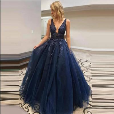 Sleeveless navy blue long prom dresses vestidos de festa a line sexy lace bodice evening dress party gown