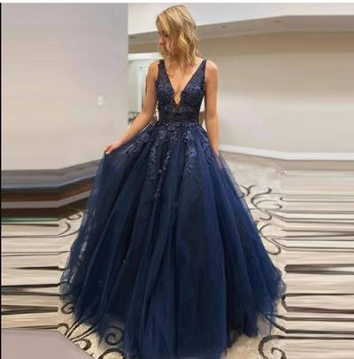 Sleeveless Navy Blue Long Prom Dresses Vestidos De Festa A Line Sexy Lace Bodice Evening Dress Party Gown