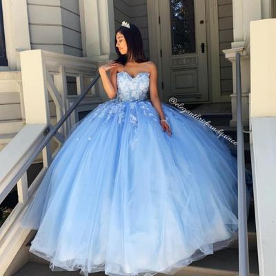 Sky blue simple sexy lace quinceanera prom dresses sweetheart beaded hand made flowers tulle evening party sweet 16 dress 