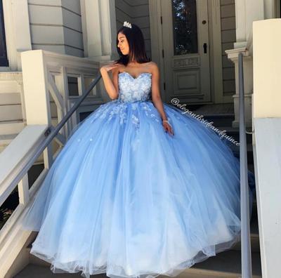 Sky Blue Simple Sexy Lace Quinceanera Prom Dresses Sweetheart Beaded Hand Made Flowers Tulle Evening Party Sweet 16 Dress 