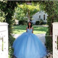 Sky Blue Simple Sexy Lace Quinceanera Prom Dresses Sweetheart Beaded Hand Made Flowers Tulle Evening Party Sweet 16 Dress  - Thumbnail 1