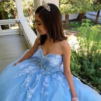 Sky Blue Simple Sexy Lace Quinceanera Prom Dresses Sweetheart Beaded Hand Made Flowers Tulle Evening Party Sweet 16 Dress  - Thumbnail 2