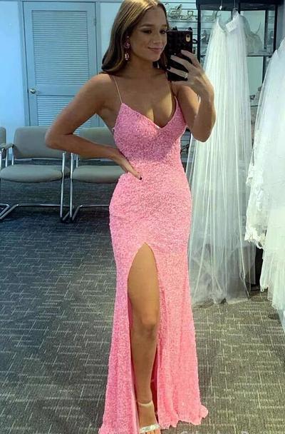 Simple Flattering Long Sequins Prom Dresses With Slit