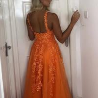 A Line Orange V Neck Backless Lace Appliques Prom Dresses  - Thumbnail 1
