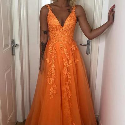 A line orange v neck backless lace appliques prom dresses 