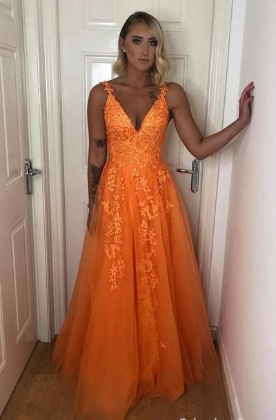 A Line Orange V Neck Backless Lace Appliques Prom Dresses 