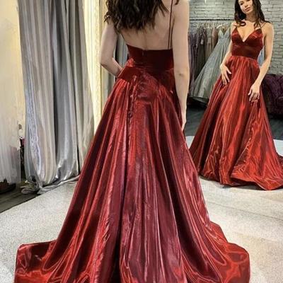 Mermaid v-neck burgundy satin formal prom dresses - Thumbnail 1