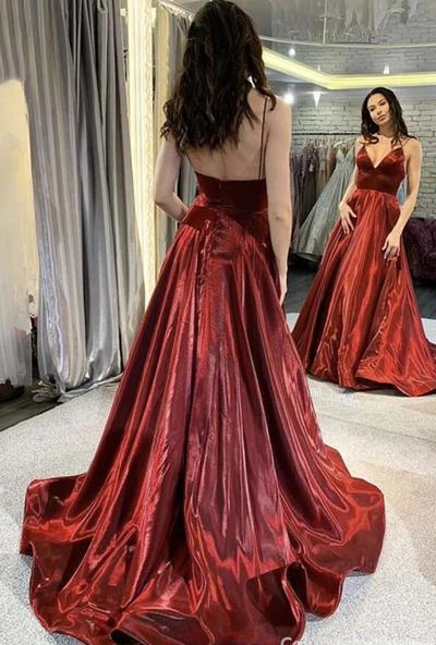 Mermaid V-Neck Burgundy Satin Formal Prom Dresses