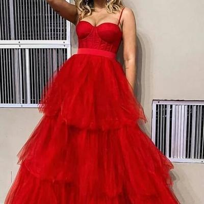 Spaghetti straps ruffles red tulle formal evening dresses - Thumbnail 3