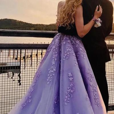 Straps lavender applique tulle formal prom dress with sweep train 