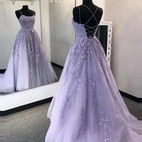 Straps Lavender Applique Tulle Formal Prom Dress with Sweep Train  - Thumbnail 1