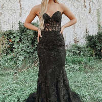 SP2215,Sweet Black Lace Applique Sweetheart Mermaid Long Prom Evening Dresses - Thumbnail 1
