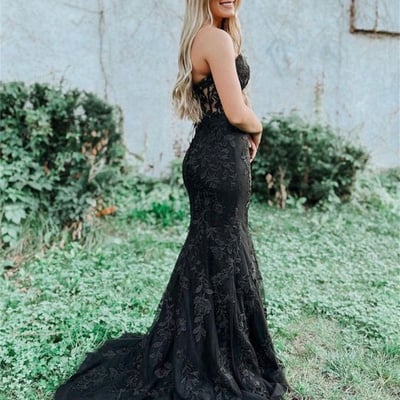 Sp2215,sweet black lace applique sweetheart mermaid long prom evening dresses