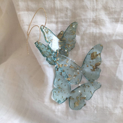 Fantasy gold foil glitter light blue butterfly long beautiful women earrings earclips