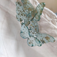 Fantasy Gold Foil Glitter Light Blue Butterfly Long Beautiful Women Earrings Earclips - Thumbnail 1