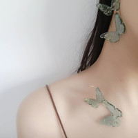 Fantasy Gold Foil Glitter Light Blue Butterfly Long Beautiful Women Earrings Earclips - Thumbnail 2