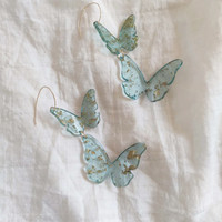 Fantasy Gold Foil Glitter Light Blue Butterfly Long Beautiful Women Earrings Earclips - Thumbnail 3