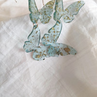 Fantasy Gold Foil Glitter Light Blue Butterfly Long Beautiful Women Earrings Earclips - Thumbnail 4